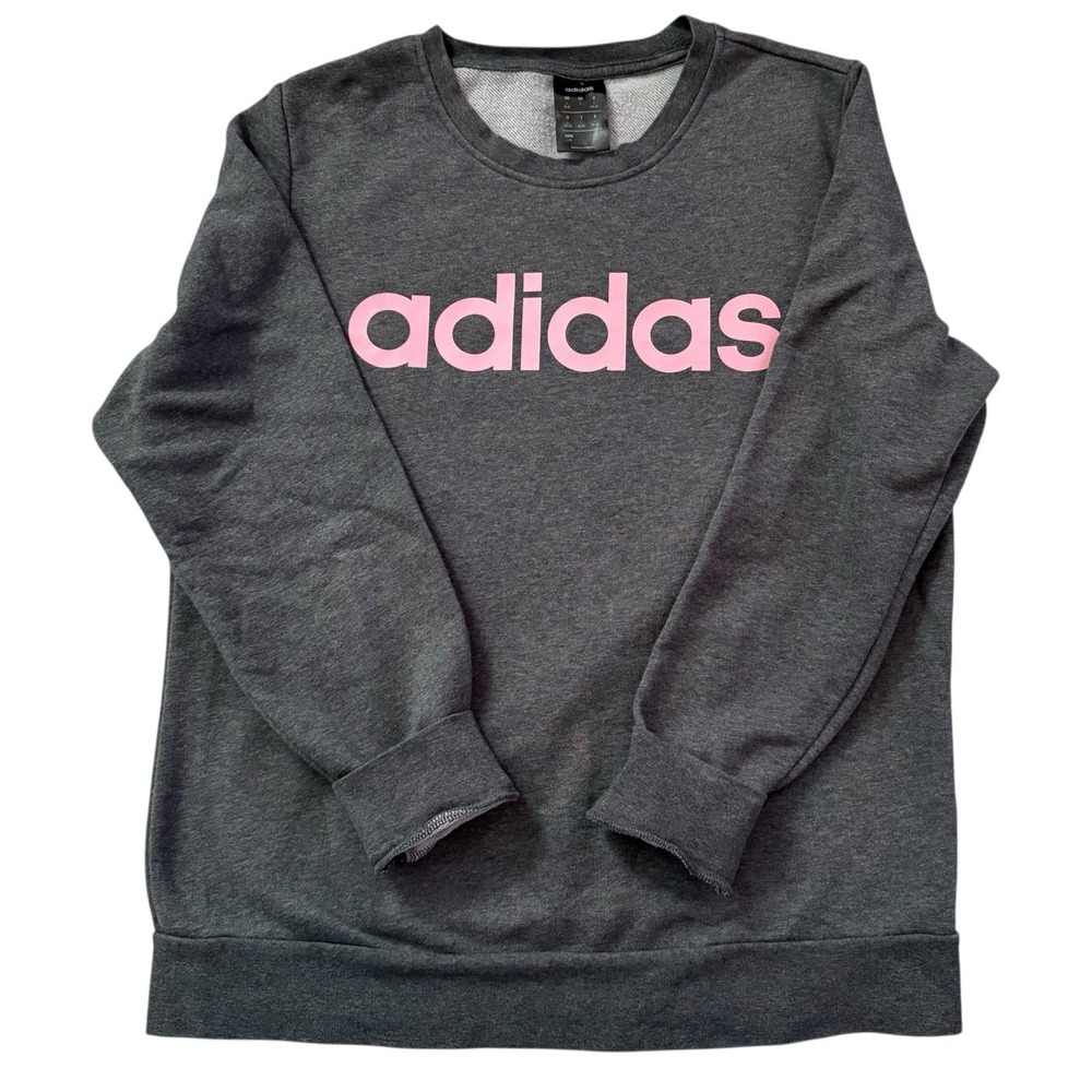 Womens Large Adidas Sweatshirt Heather Gray Pink Logo‎ Crew Neck Pullover